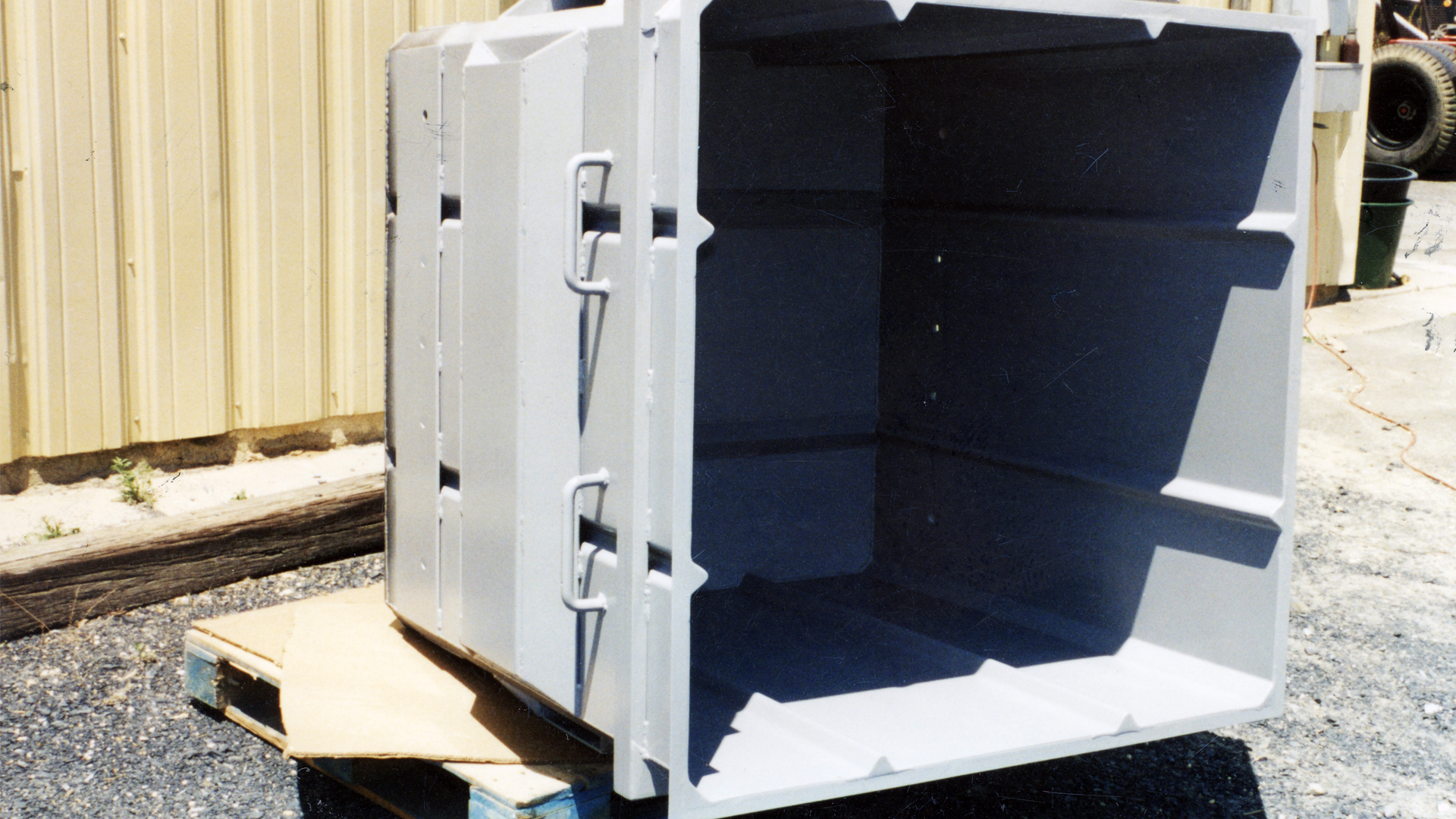 5 Ft. x 5 Ft. x 5 Ft. autoclave bin used to process medical waste for a large national company, coated inside and outside with 3 – 5 mils of PFA Teflon coating.