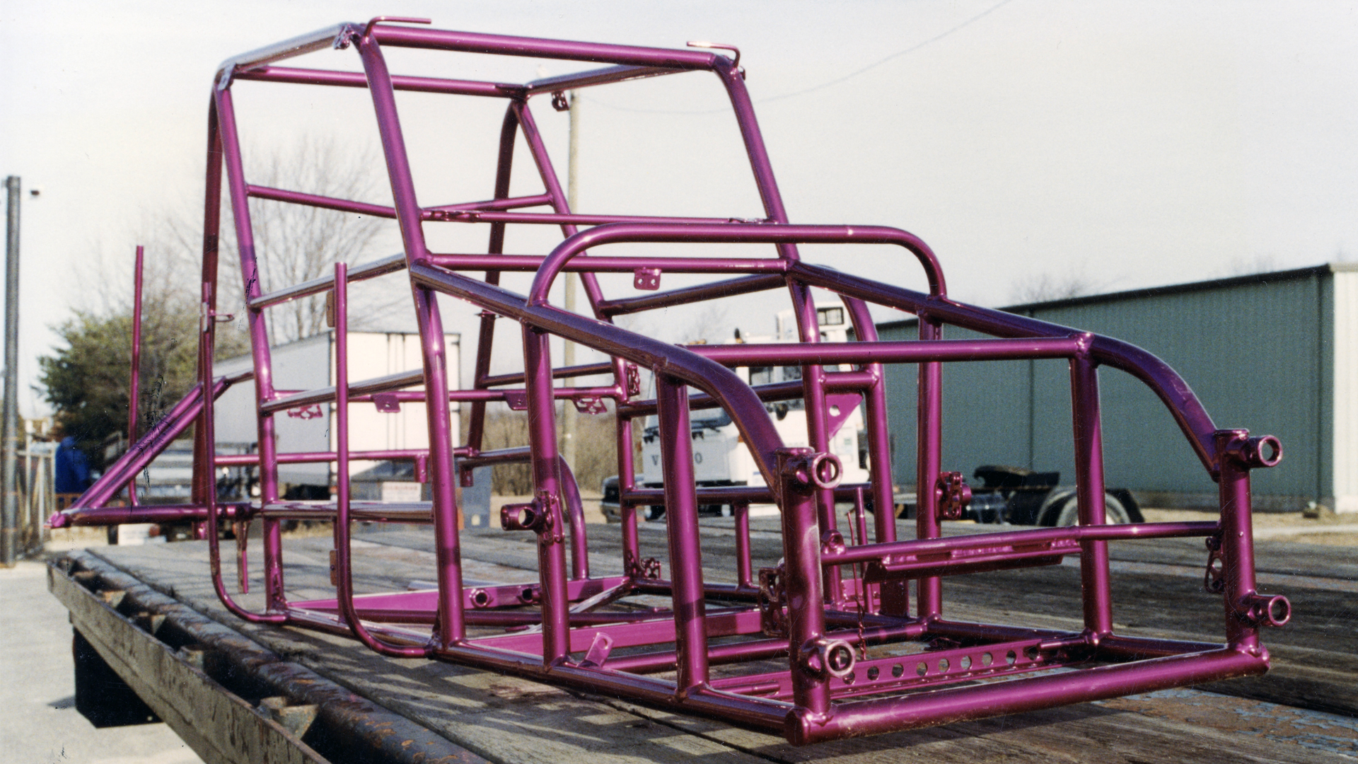 Racing car chassis powder coated with specialized powder.